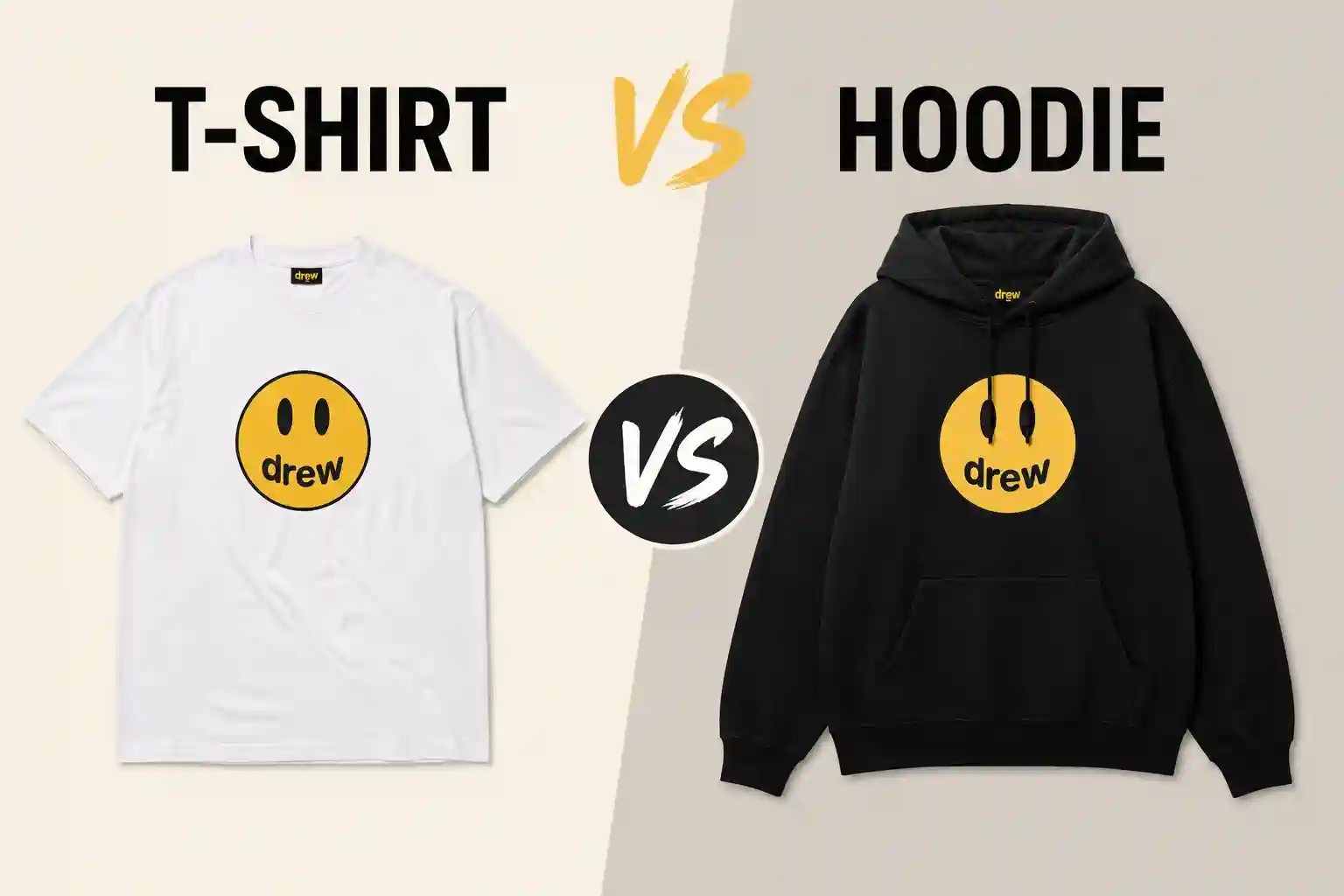 Drew House T-shirt and hoodie compared for modern streetwear styling